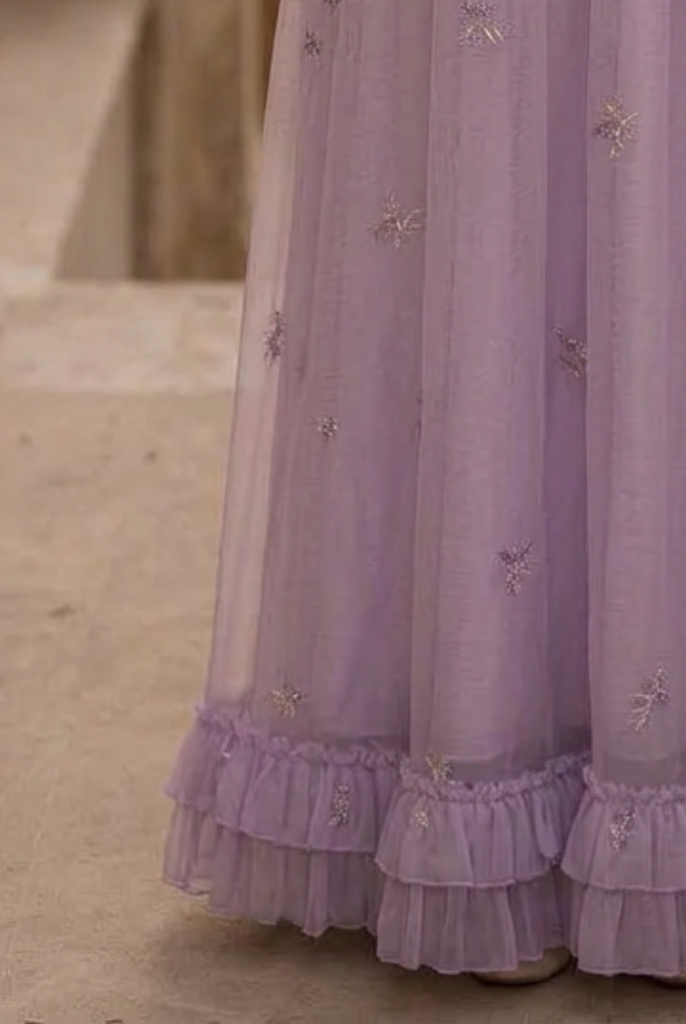 Romantic Lavender Purple Regency Era Embroidered Dress With Ruffle - E WonderlandByLilian Romantic Lavender Purple Regency Era Embroidered Dress With Ruffle - E WonderlandByLilian