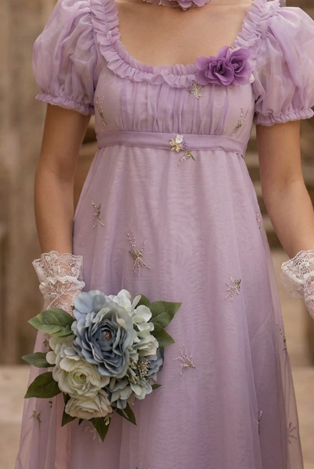 Romantic Lavender Purple Regency Era Embroidered Dress With Ruffle - Empire Waist Dress Plus Size