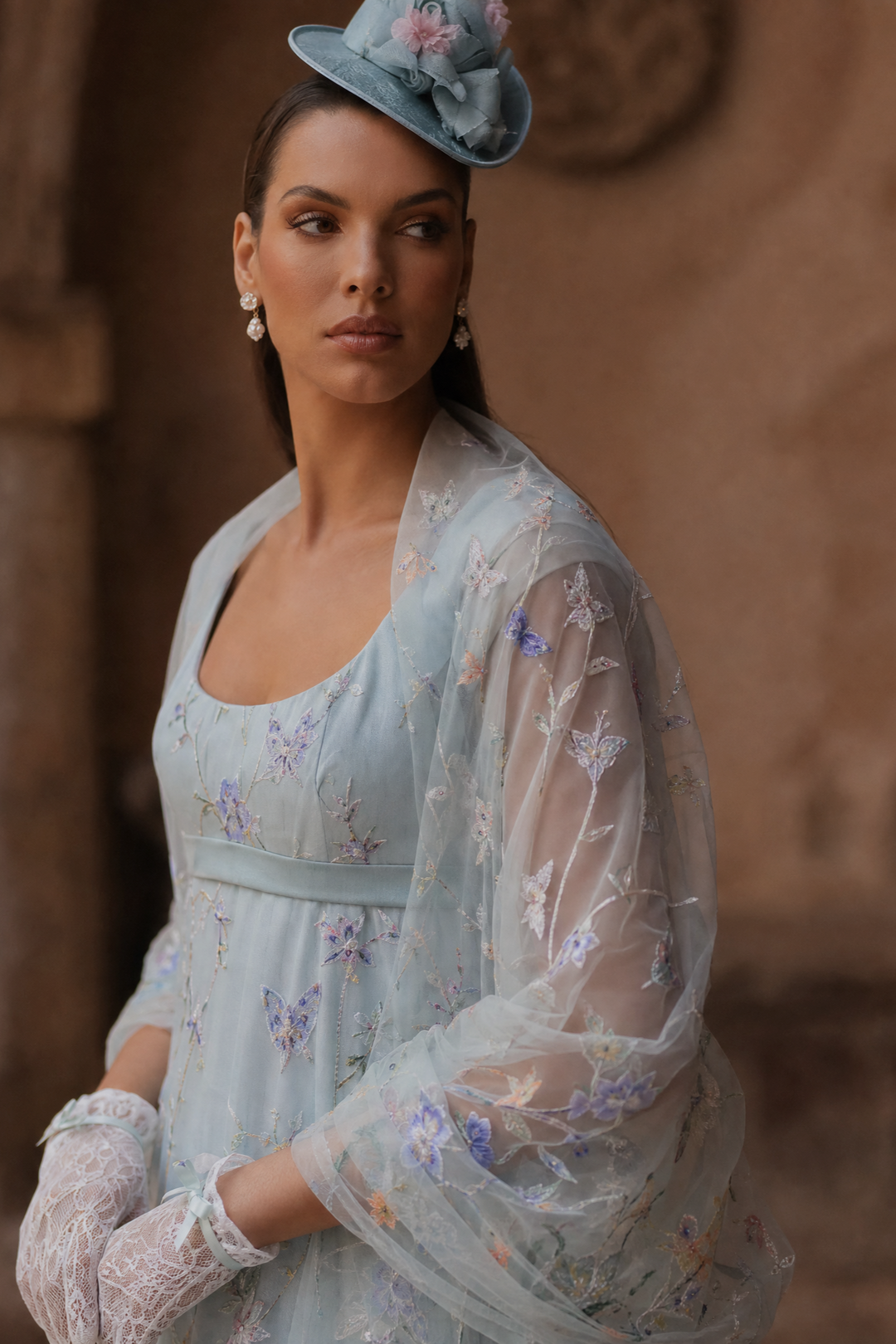 Bridgerton Daphne Blue Dress With Floral Lace Satin - Regency Era Blue   WonderlandByLilian