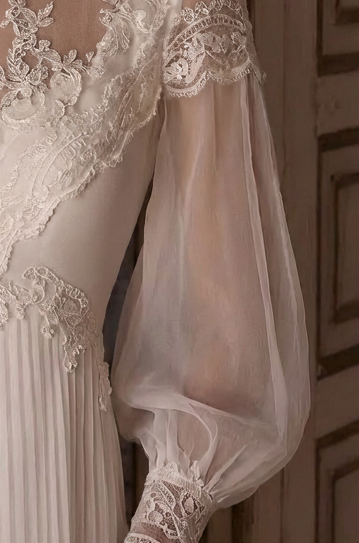 Gunne Sax Inspired Ivory Vintage Victorian Wedding Dress – High Neck Lace Pleated Bridal Gown Plus Size