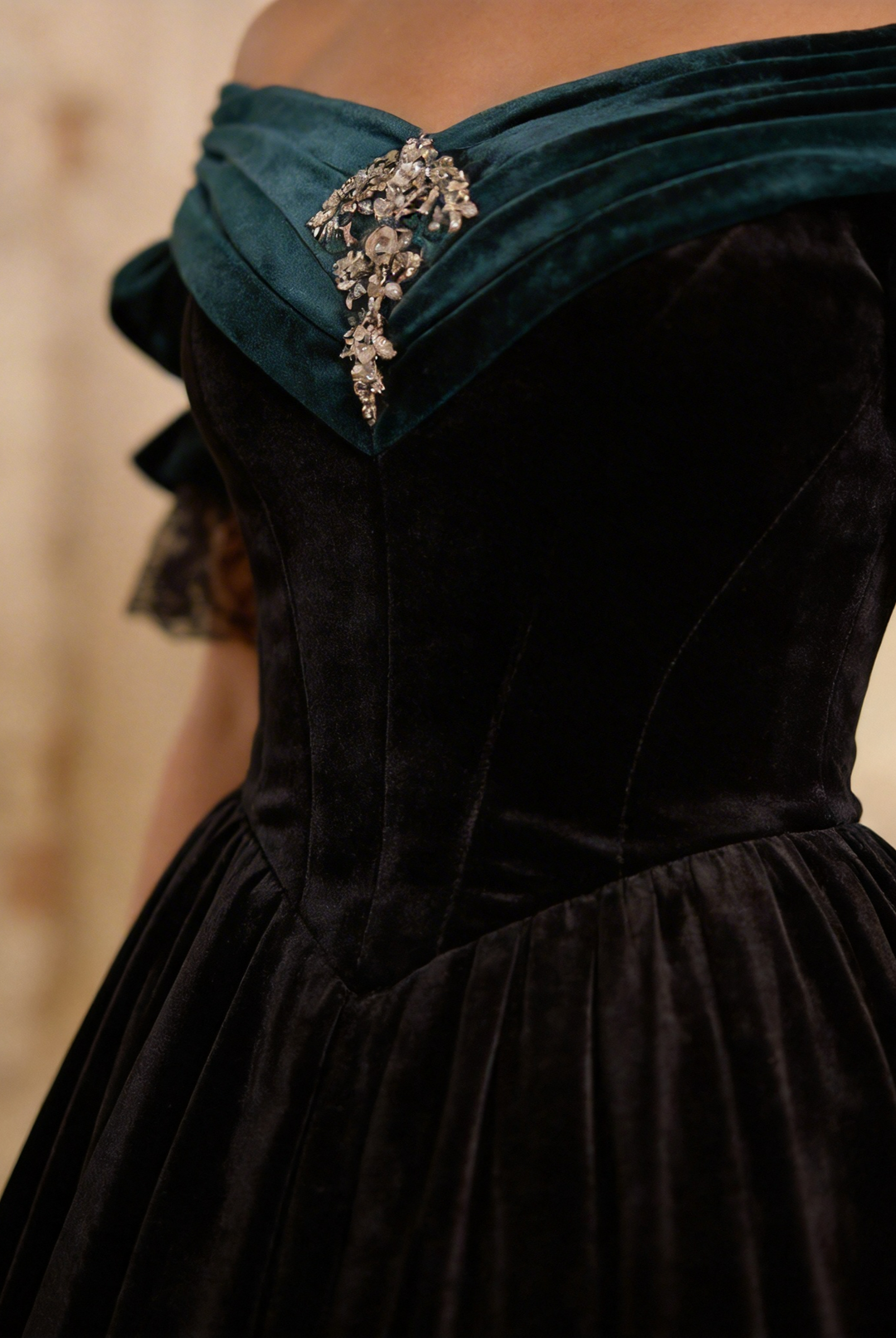 Black Velvet Off-Shoulder Gothic Lolita Ball Gown with Vintage Victorian Brooch Plus Size