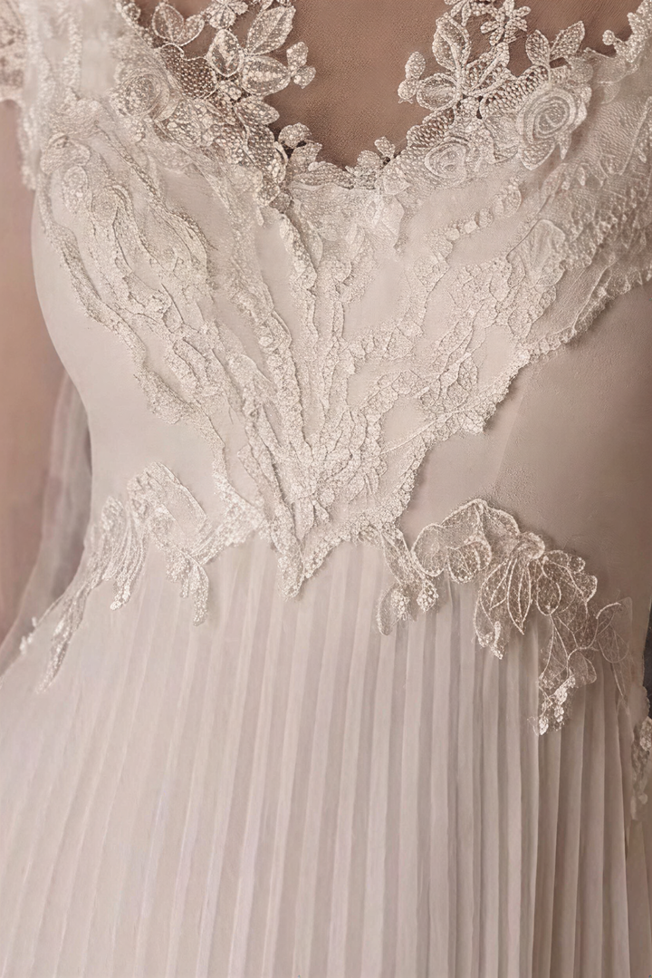 Gunne Sax Inspired Ivory Vintage Victorian Wedding Dress – High Neck Lace Pleated Bridal Gown Plus Size