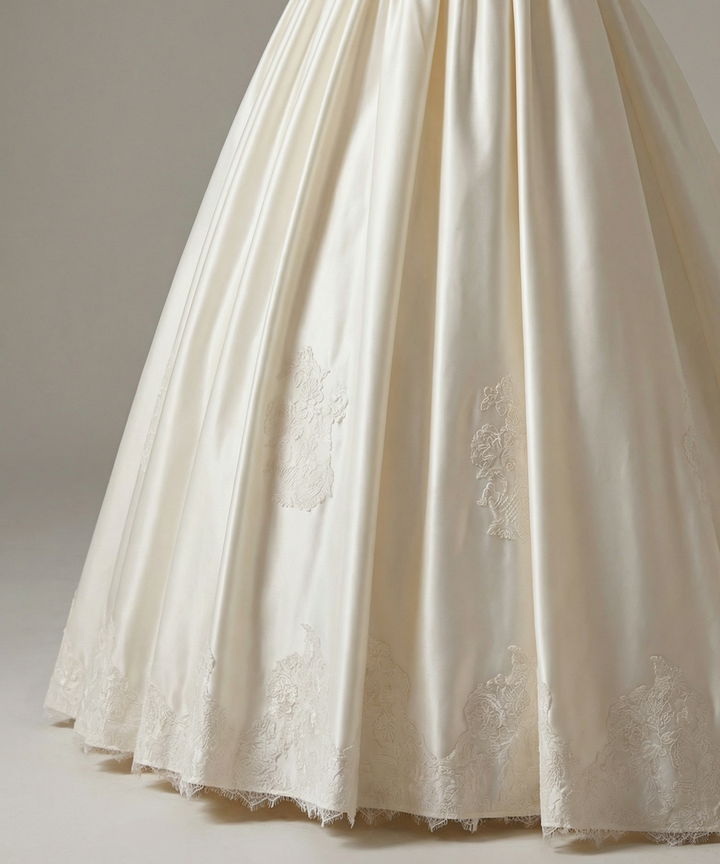 Simple Satin Wedding Dress with Corset – Lace Appliqué Wedding Dress with Bow Detail Plus Size
