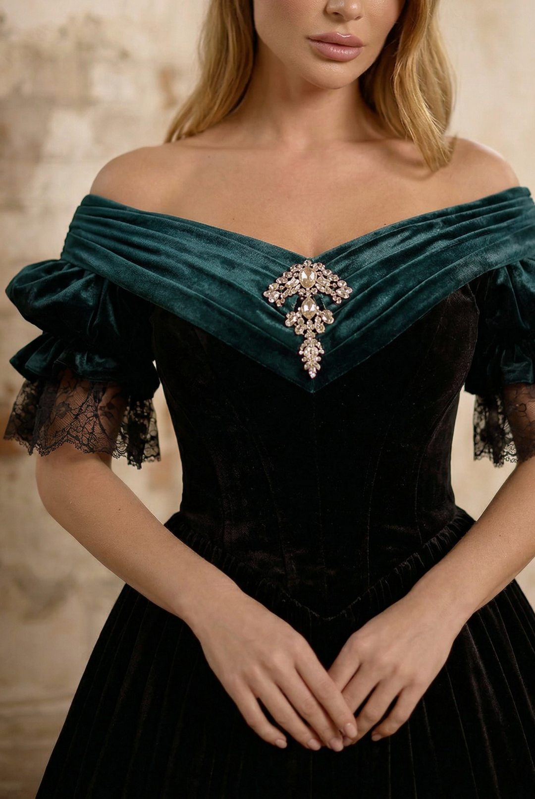 off the shoulder victorian dress Black Velvet Off-Shoulder Gothic Lolita Ball Gown with Vintage Victorian Brooch Plus Size