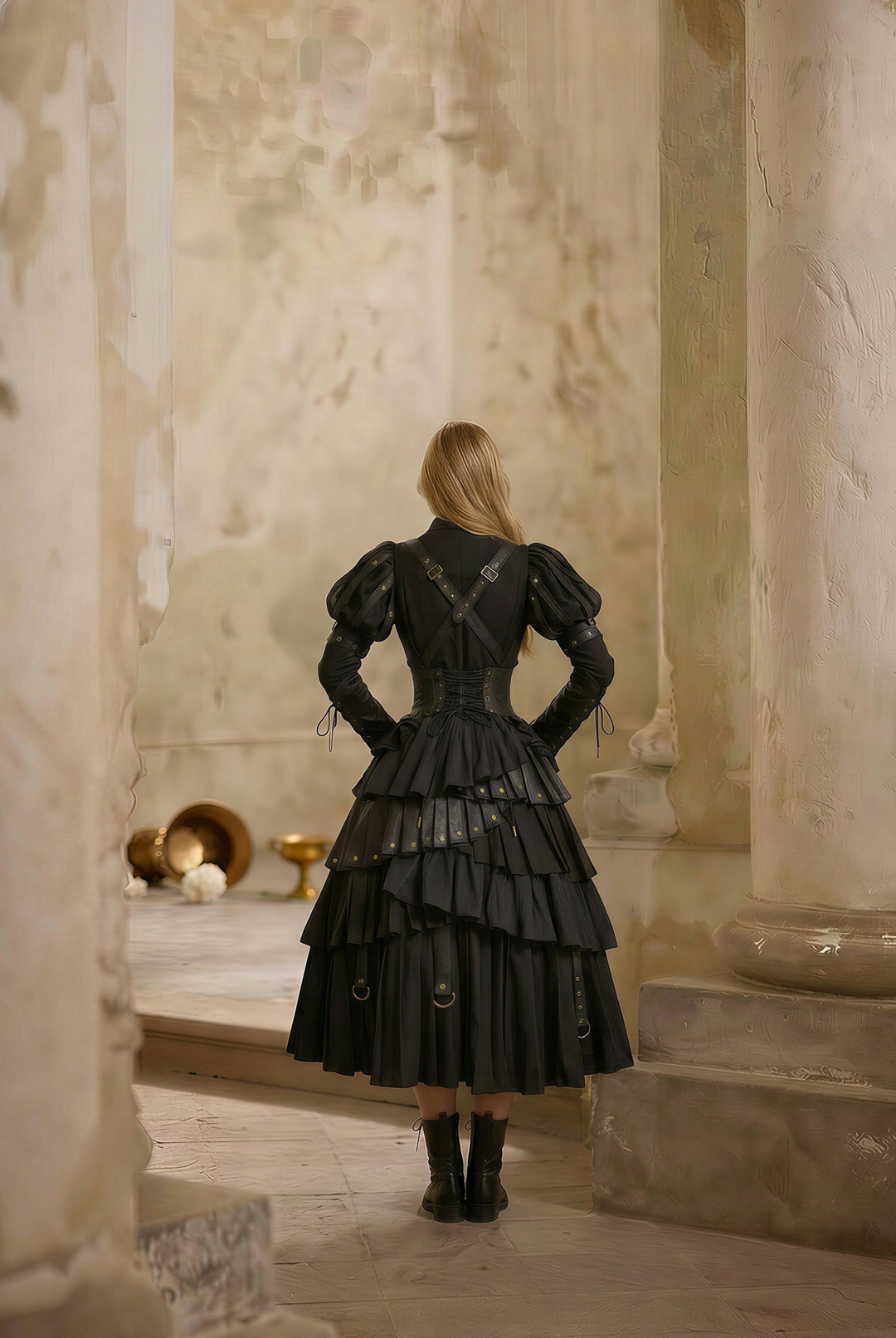 Gothic Lolita Black Ball Gown - Corset Ruffled Dress with Long Sleeves Plus Size