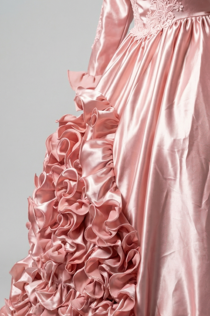 Pink Satin Vintage Antique A-line Ball Gown Wedding Dress with Long Sleeves and Ruffles - Plus Size