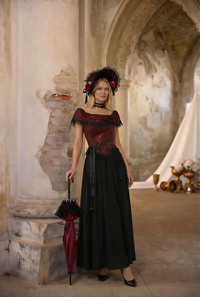open lace back dress Victorian-Inspired Gothic Black and Red Gothic Dress with Satin Corset –  WonderlandByLilian