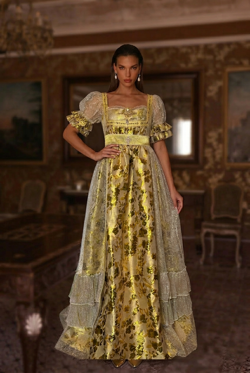 Bridgerton Inspired Gold Printed Regency Era Ball Gown -  Regency Era prom dress costume Custom Made  - plus size