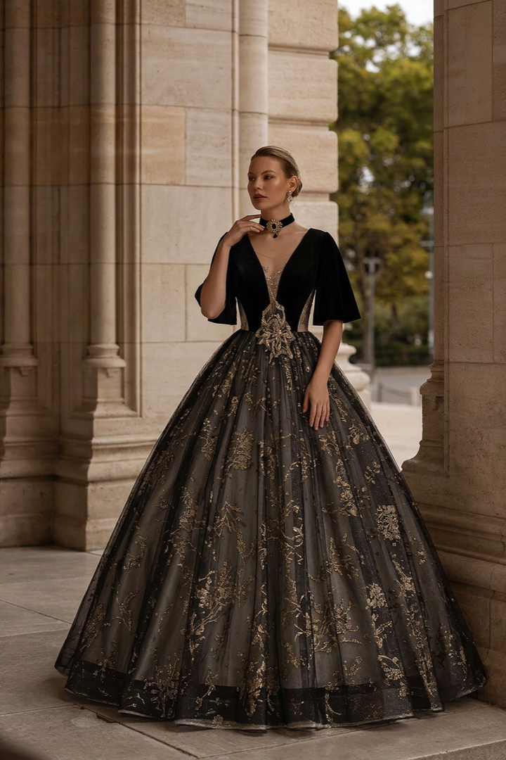Gothic Black And Gold V-neck Velvet Wedding Dress - Black Ball Gown Plus Size