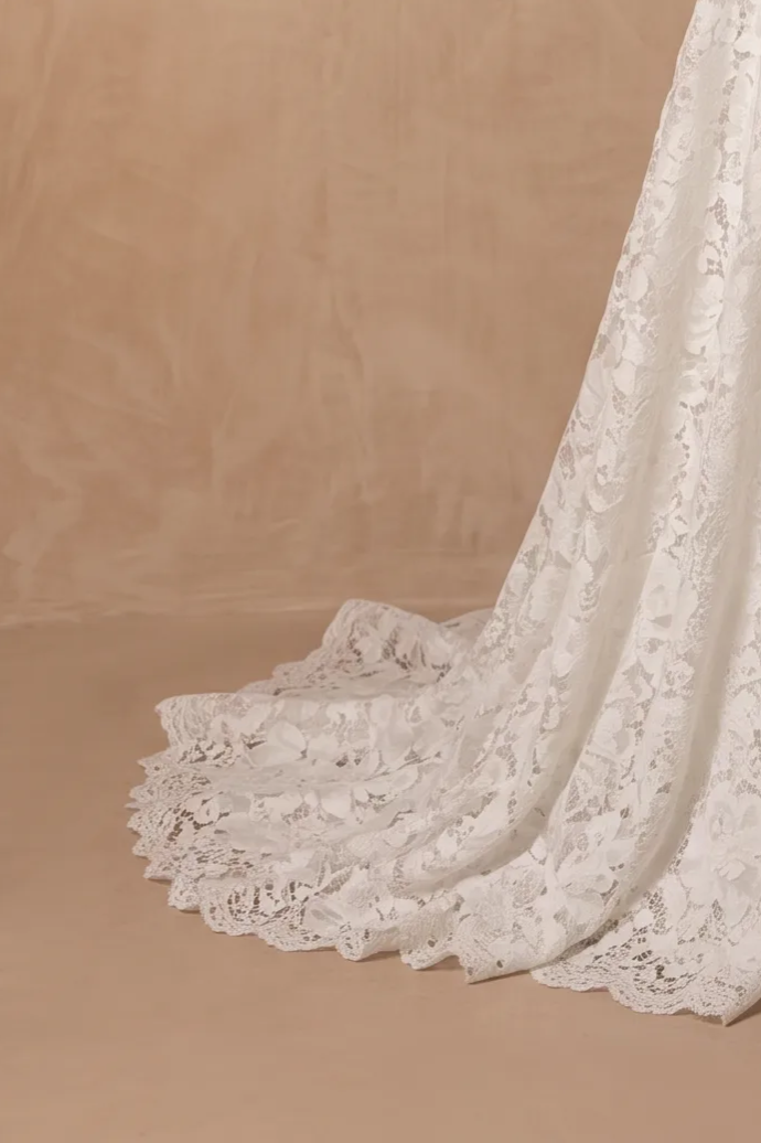 Ivory Long Sleeve Modest Lace Wedding Dress, Romantic A-Line Bridal Gown with Square Neckline and Button Back Plus Size