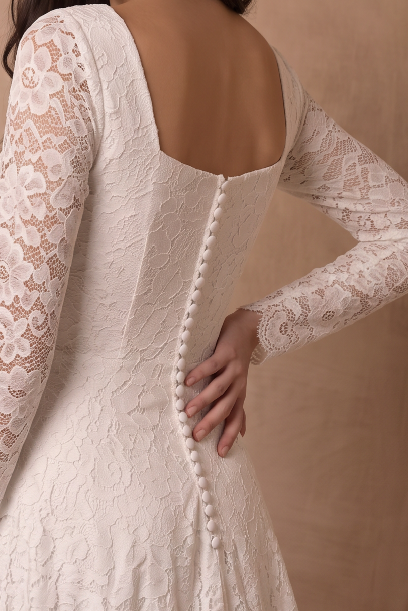 Ivory Long Sleeve Modest Lace Wedding Dress, Romantic A-Line Bridal Gown with Square Neckline and Button Back Plus Size