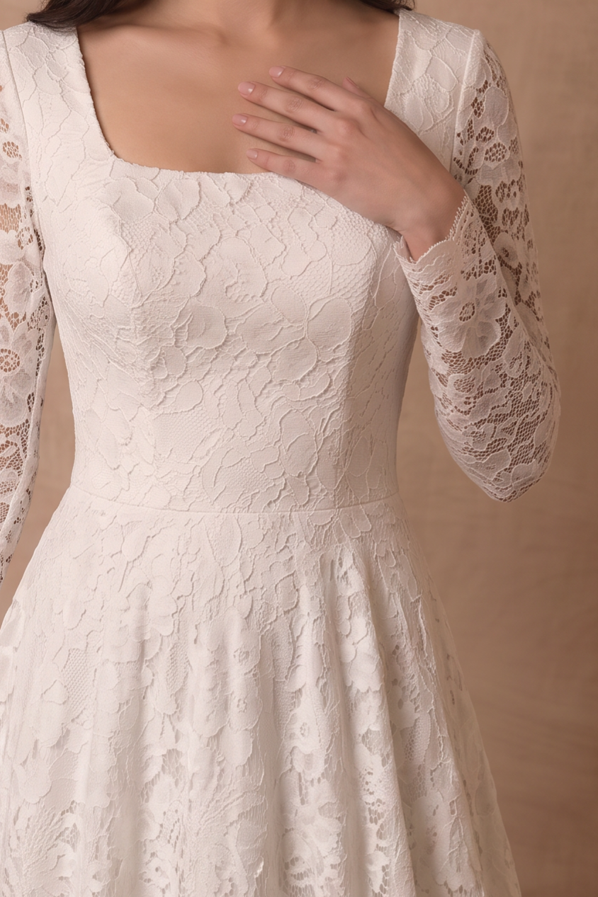 Ivory Long Sleeve Modest Lace Wedding Dress, Romantic A-Line Bridal Gown with Square Neckline and Button Back Plus Size