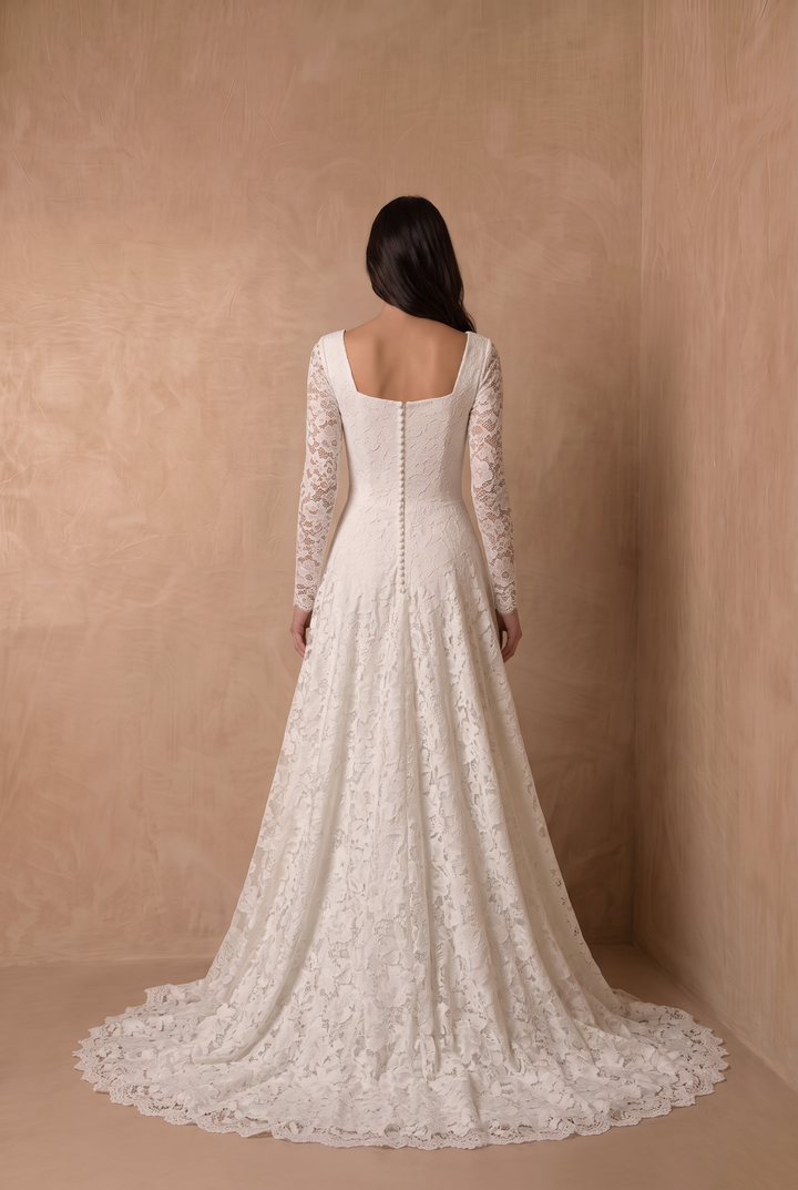 Ivory Long Sleeve Modest Lace Wedding Dress, Romantic A-Line Bridal Gown with Square Neckline and Button Back Plus Size