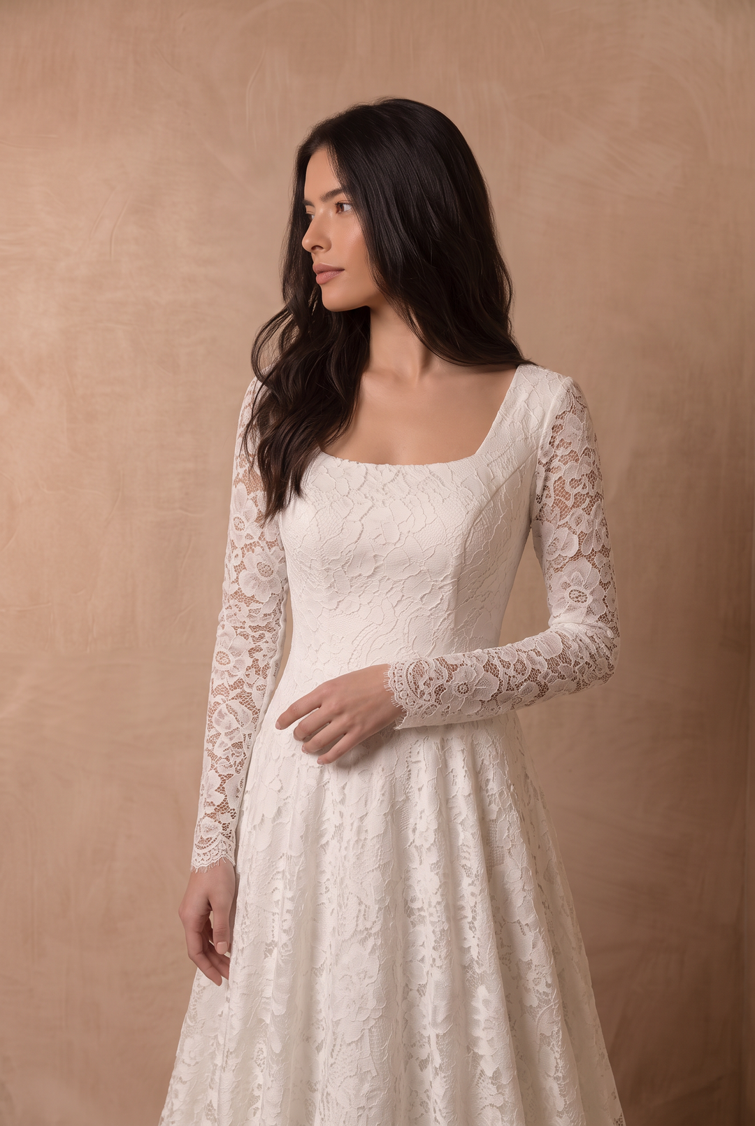 Ivory Long Sleeve Modest Lace Wedding Dress, Romantic A-Line Bridal Gown with Square Neckline and Button Back Plus Size
