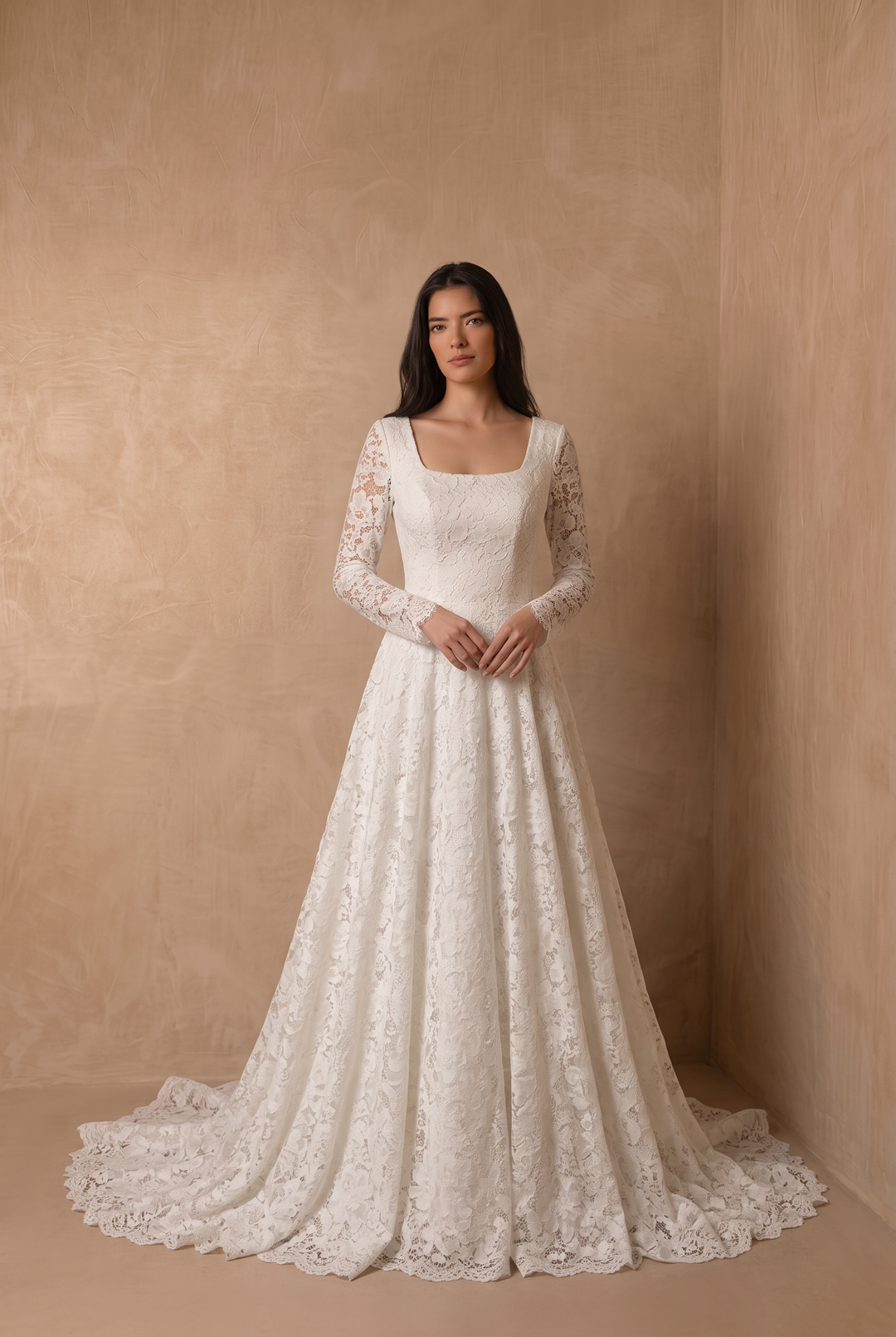 Ivory Long Sleeve Modest Lace Wedding Dress, Romantic A-Line Bridal Gown with Square Neckline and Button Back Plus Size