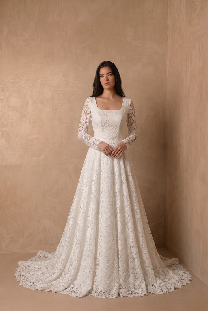 Ivory Long Sleeve Modest Lace Wedding Dress, Romantic A-Line Bridal Gown with Square Neckline and Button Back Plus Size