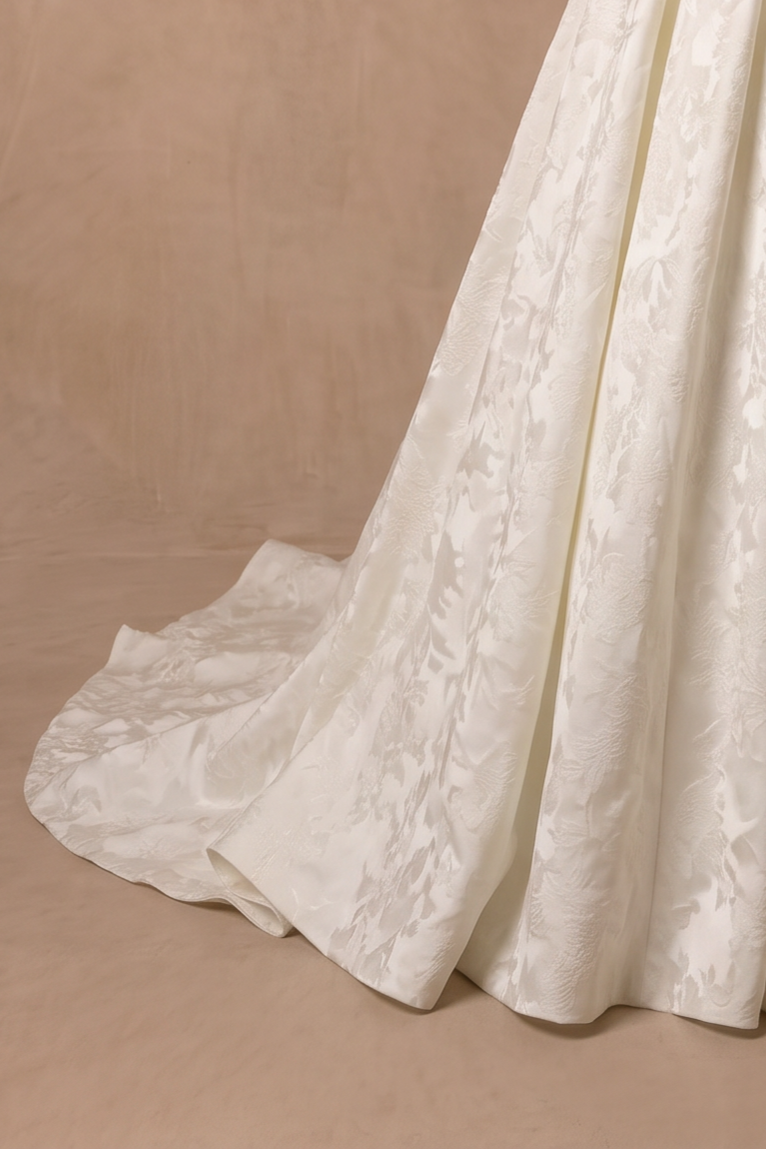 Ivory Simple Brocade Ball Gown Wedding Dress – Classic Floral Jacquard Off-the-Shoulder Bridal Gown Plus Size