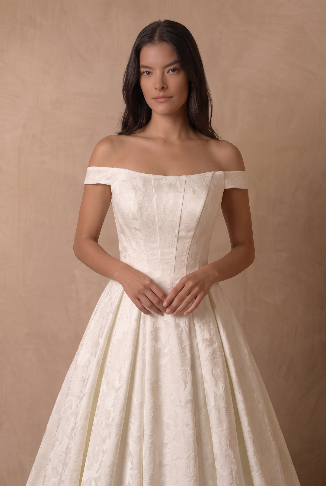 Ivory Simple Brocade Ball Gown Wedding Dress – Classic Floral Jacquard Off-the-Shoulder Bridal Gown Plus Size