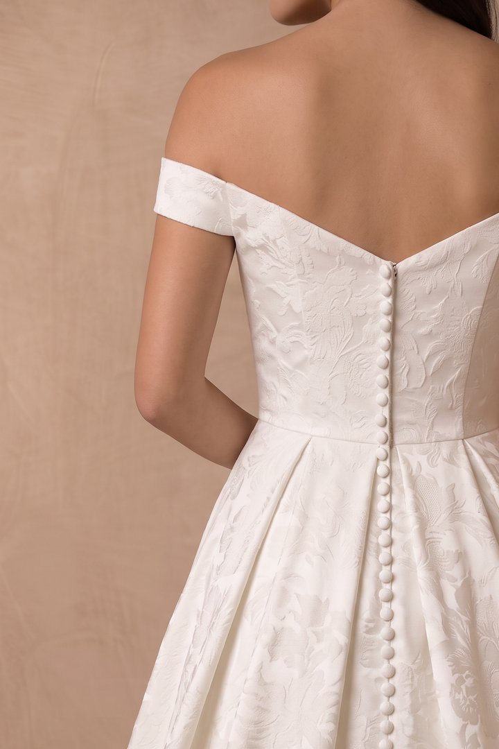 Ivory Simple Brocade Ball Gown Wedding Dress – Classic Floral Jacquard Off-the-Shoulder Bridal Gown Plus Size