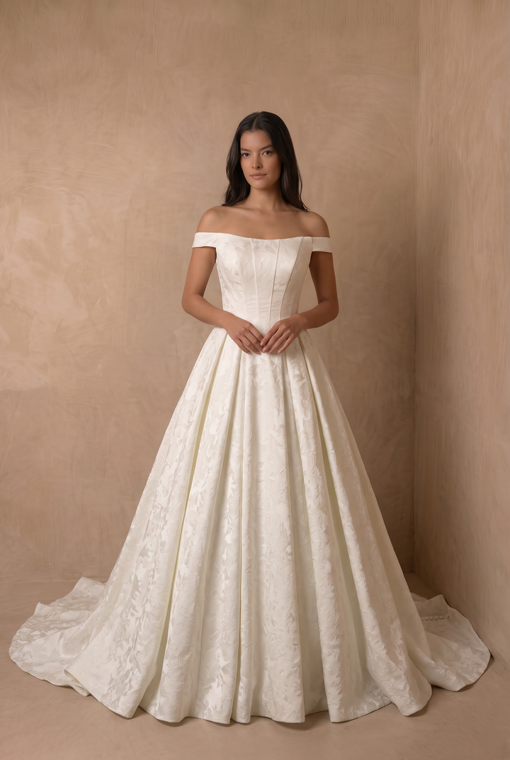 Ivory Simple Brocade Ball Gown Wedding Dress – Classic Floral Jacquard Off-the-Shoulder Bridal Gown Plus Size