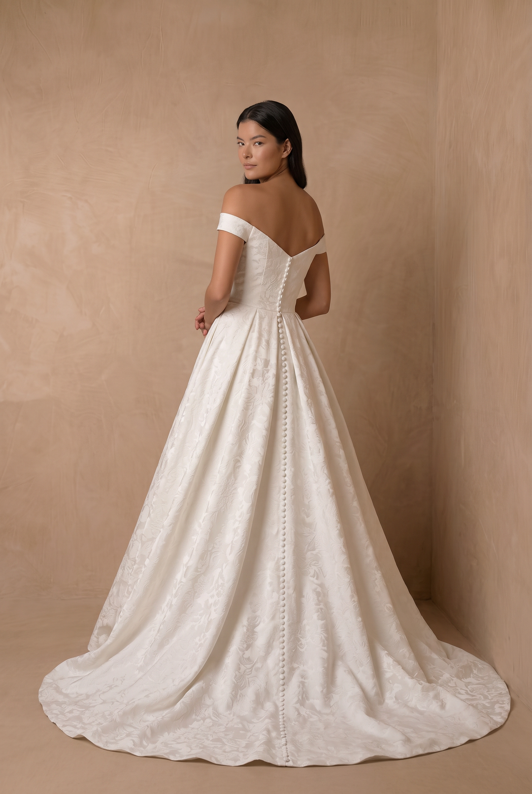 Ivory Simple Brocade Ball Gown Wedding Dress – Classic Floral Jacquard Off-the-Shoulder Bridal Gown Plus Size