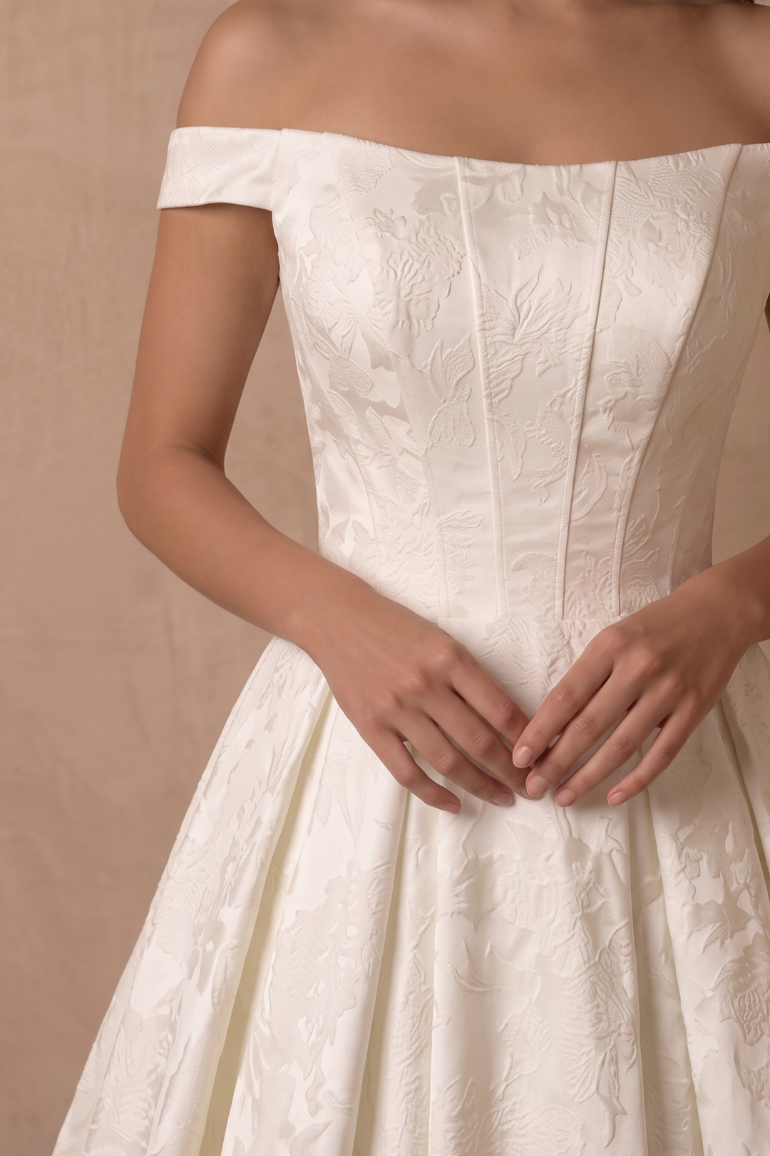 Ivory Simple Brocade Ball Gown Wedding Dress – Classic Floral Jacquard Off-the-Shoulder Bridal Gown Plus Size