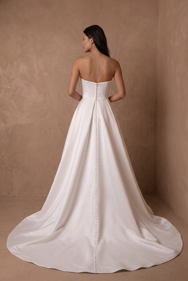 Ivory Simple Romantic Satin Strapless A-Line Wedding Gown with Side Slit and Train Plus Size