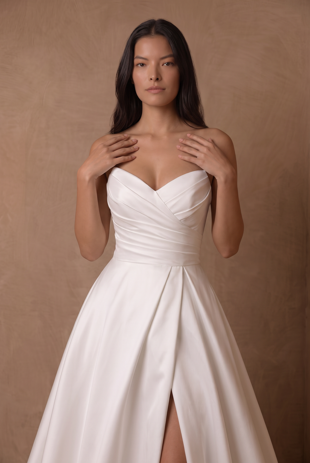 Ivory Simple Romantic Satin Strapless A-Line Wedding Gown with Side Slit and Train Plus Size
