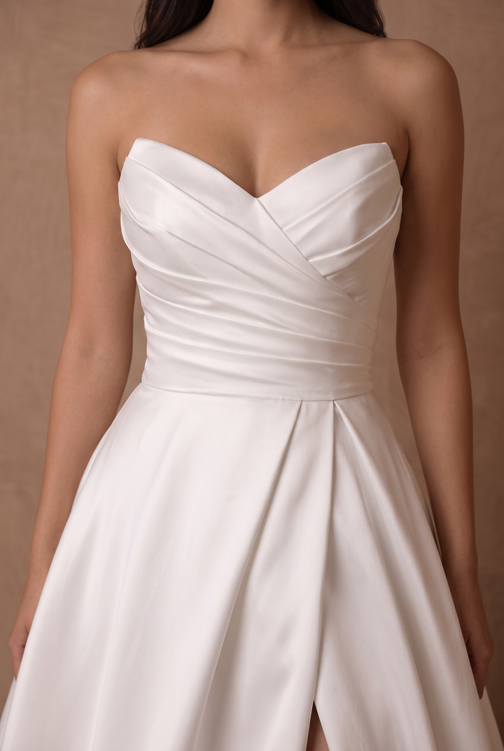 Ivory Simple Romantic Satin Strapless A-Line Wedding Gown with Side Slit and Train Plus Size