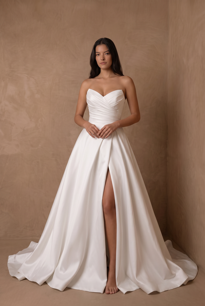Ivory Simple Romantic Satin Strapless A-Line Wedding Gown with Side Slit and Train Plus Size