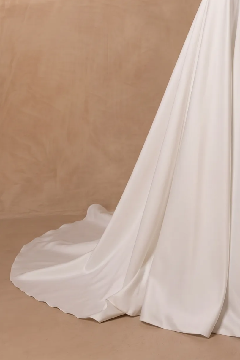 Ivory Simple Satin A-Line Wedding Dress with Asymmetric Pleating and Statement Bow Plus Size