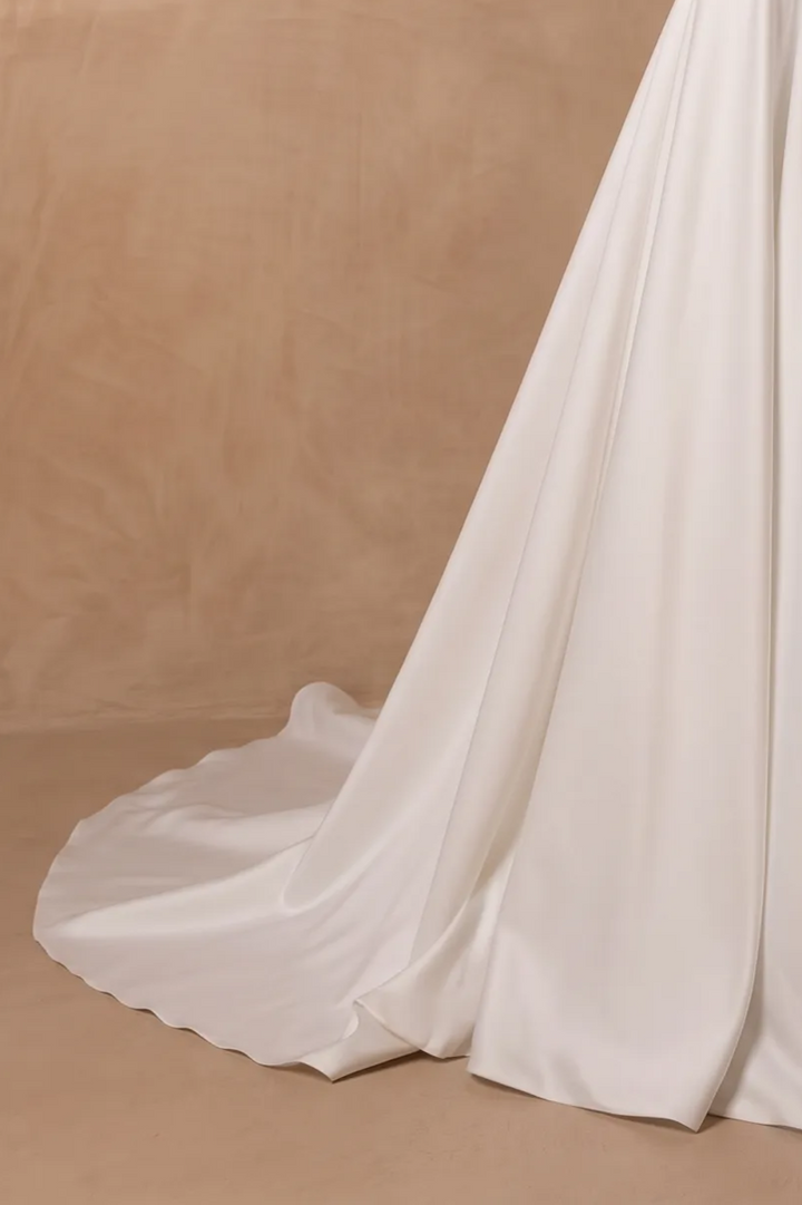 Ivory Simple Satin A-Line Wedding Dress with Asymmetric Pleating and Statement Bow Plus Size