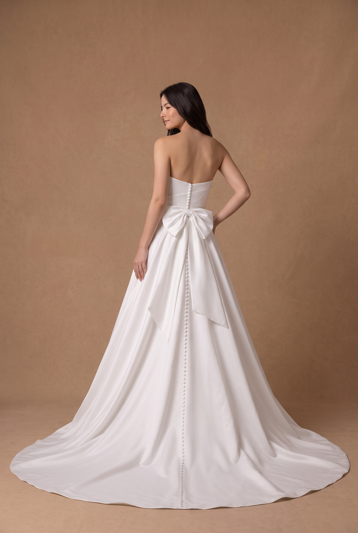 Ivory Simple Satin A-Line Wedding Dress with Asymmetric Pleating and Statement Bow Plus Size