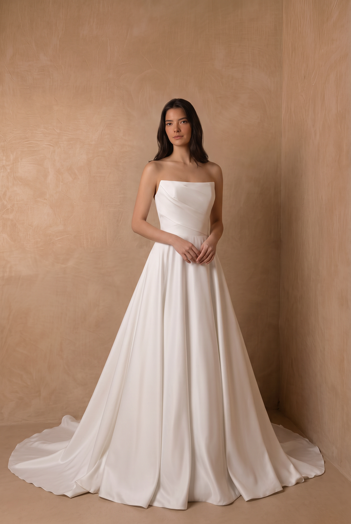 Ivory Simple Satin A-Line Wedding Dress with Asymmetric Pleating and Statement Bow Plus Size