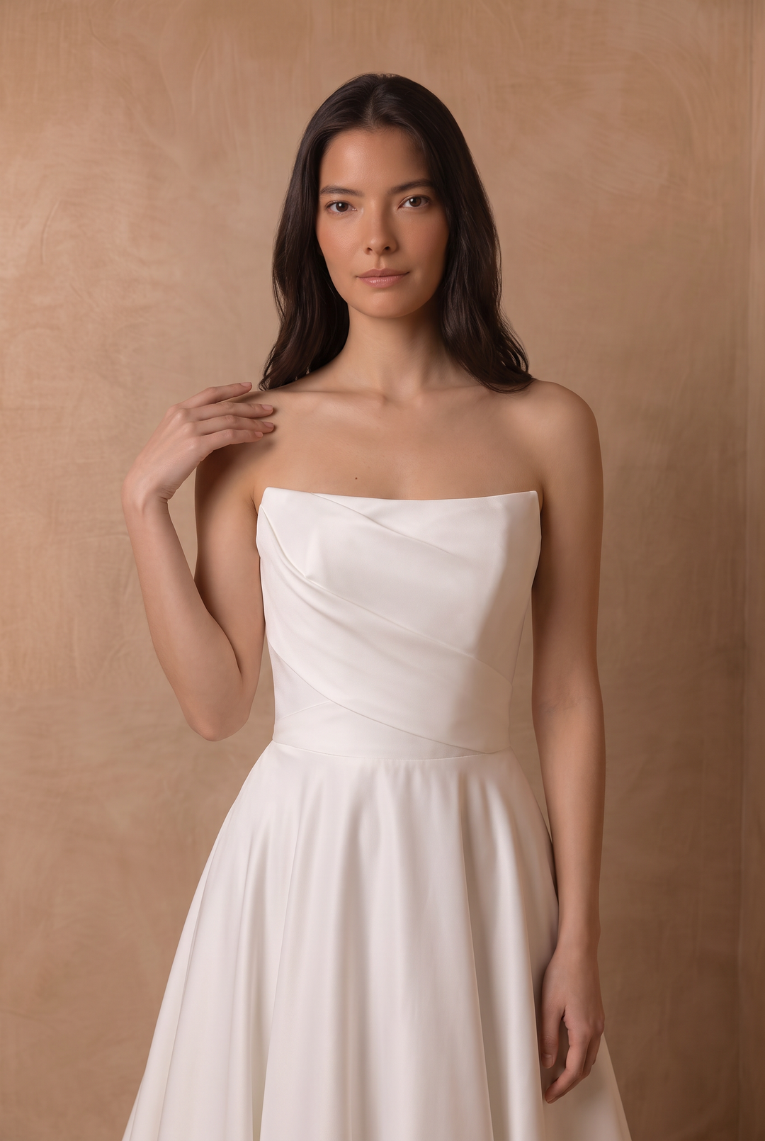 Ivory Simple Satin A-Line Wedding Dress with Asymmetric Pleating and Statement Bow Plus Size