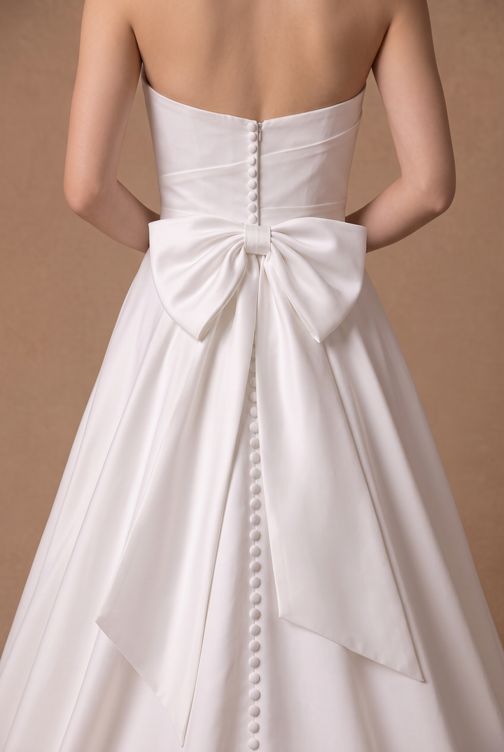 Ivory Simple Satin A-Line Wedding Dress with Asymmetric Pleating and Statement Bow Plus Size