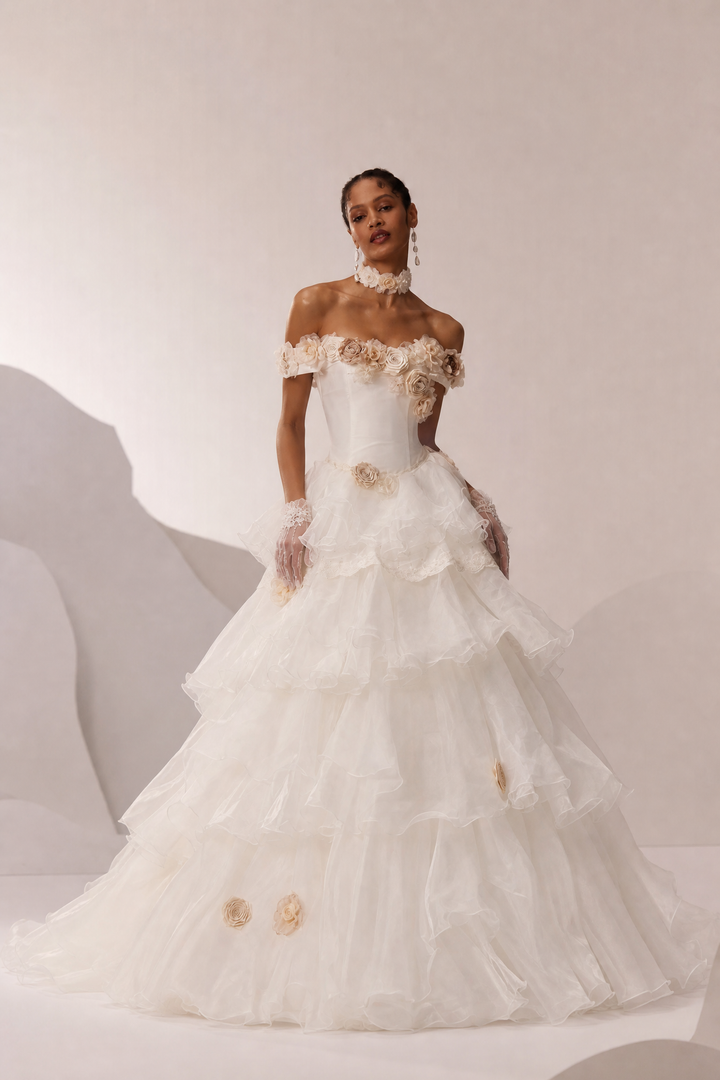 Ivory Tulle Evening Dress with Floral Appliqué and Layered Ruffle Ball Gown Plus Size  Product Description: