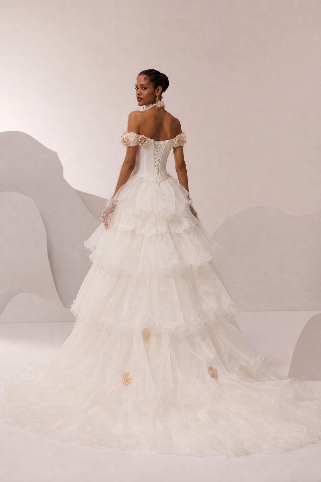 Ivory Tulle Evening Dress with Floral Appliqué and Layered Ruffle Ball Gown Plus Size  Product Description: