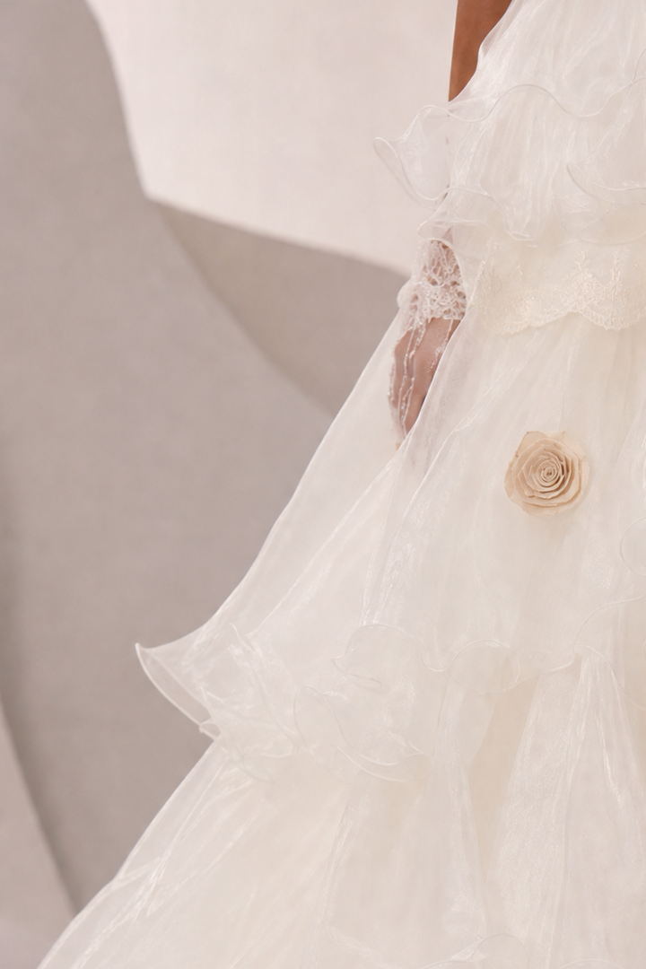 Ivory Tulle Evening Dress with Floral Appliqué and Layered Ruffle Ball Gown Plus Size  Product Description: