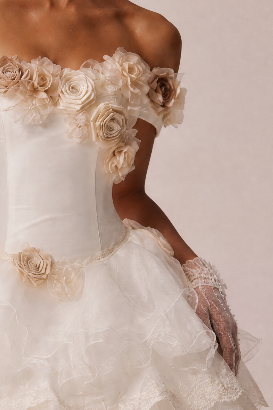 Ivory Tulle Evening Dress with Floral Appliqué and Layered Ruffle Ball Gown Plus Size  Product Description:
