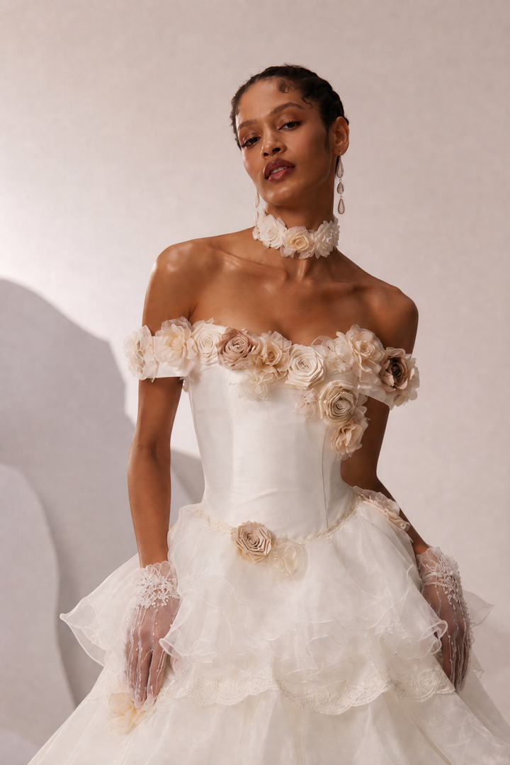 Ivory Tulle Evening Dress with Floral Appliqué and Layered Ruffle Ball Gown Plus Size  Product Description: