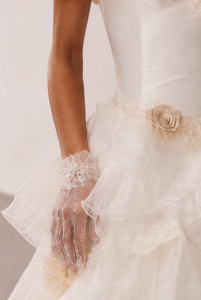 Ivory Tulle Evening Dress with Floral Appliqué and Layered Ruffle Ball Gown Plus Size  Product Description: