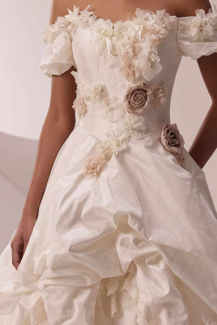 Ivory Wedding Dress with Floral Appliqué Off Shoulder Bodice and Draped Ball Gown Skirt Plus Size