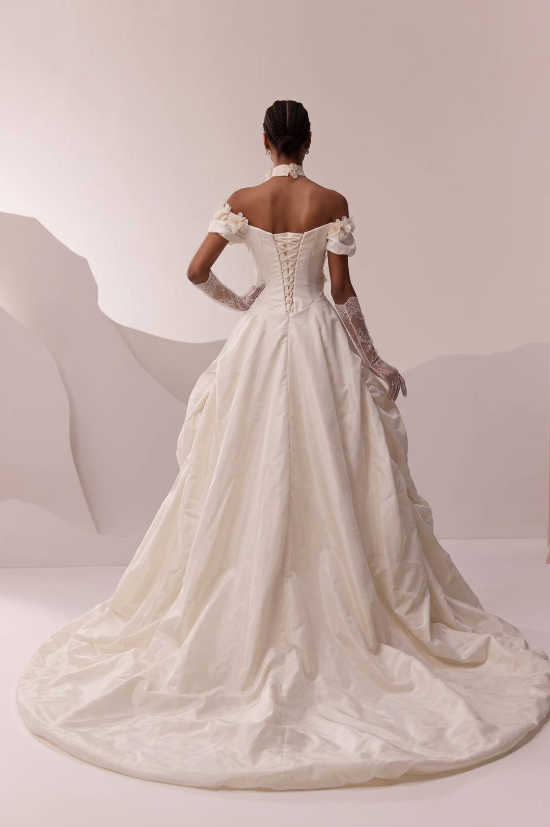 Ivory Wedding Dress with Floral Appliqué Off Shoulder Bodice and Draped Ball Gown Skirt Plus Size