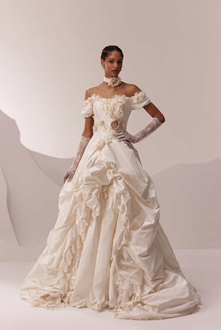 Ivory Wedding Dress with Floral Appliqué Off Shoulder Bodice and Draped Ball Gown Skirt Plus Size