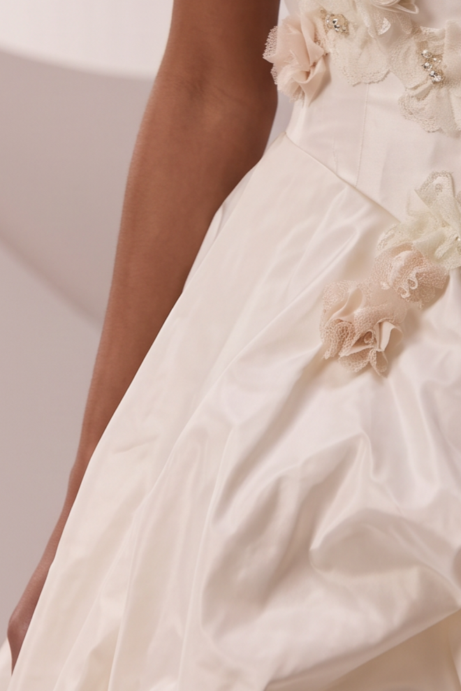 Ivory Wedding Dress with Floral Appliqué Off Shoulder Bodice and Draped Ball Gown Skirt Plus Size