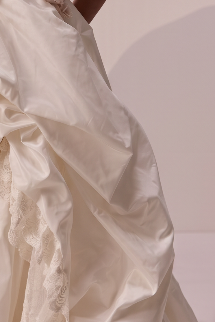 Ivory Wedding Dress with Floral Appliqué Off Shoulder Bodice and Draped Ball Gown Skirt Plus Size
