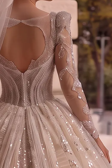 Ivory Long Sleeve Wedding Dress with Bow Back - Sparkly Wedding Dress with Cathedral Train - Wedding Dress with Embellishments Plus Size
