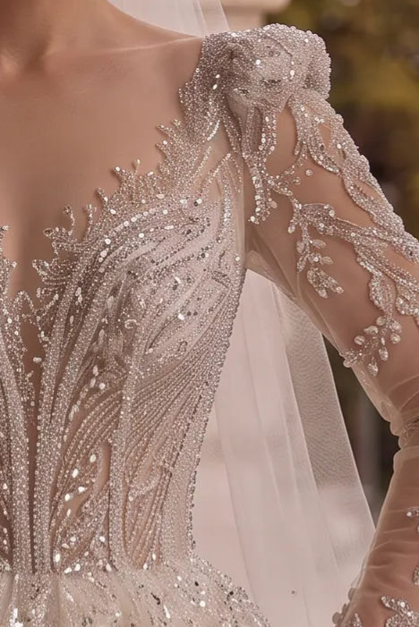 Ivory Long Sleeve Wedding Dress with Bow Back - Sparkly Wedding Dress with Cathedral Train - Wedding Dress with Embellishments Plus Size