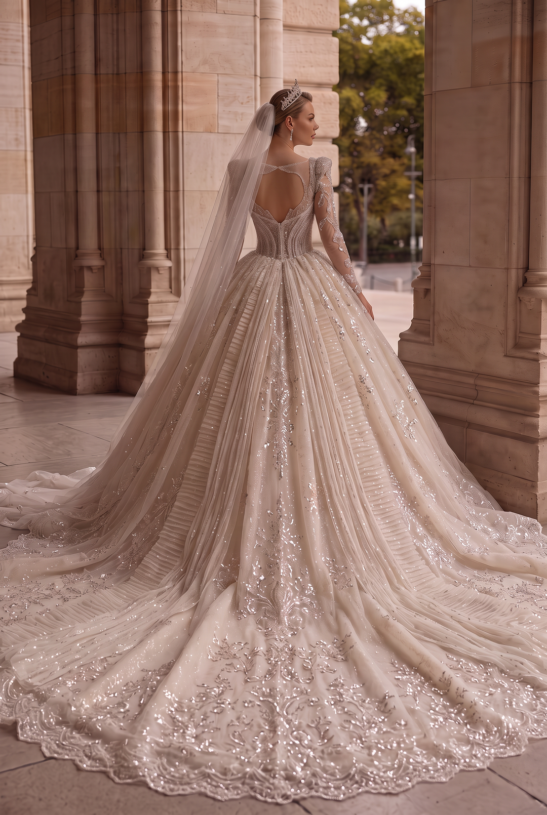 Ivory Long Sleeve Wedding Dress with Bow Back - Sparkly Wedding Dress with Cathedral Train - Wedding Dress with Embellishments Plus Size
